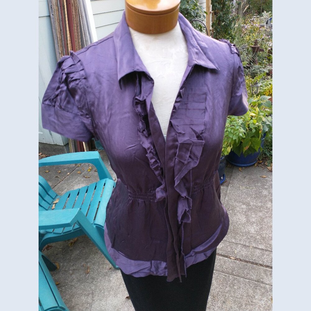 Blouse: Silk, dark purple, ruffled, elastic waist. Size medium - BCBG Max Azria